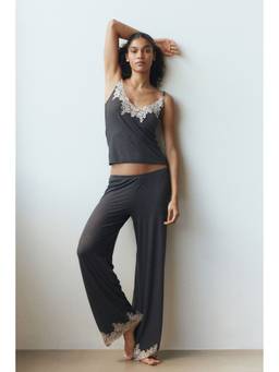 H&M - Women Grey Lace-Trimmed Jersey Pyjama And Top