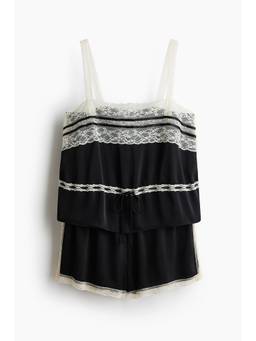 H&M - Women Black Lace-Trimmed Satin Pyjamas
