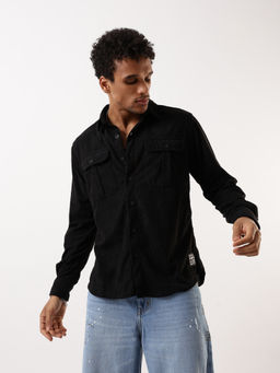 Hubberholme - Men Black Textured Relaxed Fit Spread Collar Shirt