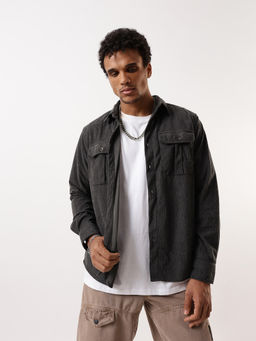 Hubberholme - Men Grey Textured Relaxed Fit Spread Collar Shirt