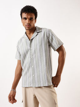 High Star - Men Grey Stripes Relaxed Fit Resort Collar Shirt