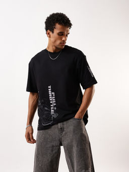 High Star - Men Black Graphic Printed Relaxed Fit Crew Neck T-Shirt