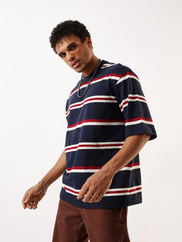 High Star - Men Navy Blue Stripes Oversized Fit Crew Neck T-Shirt