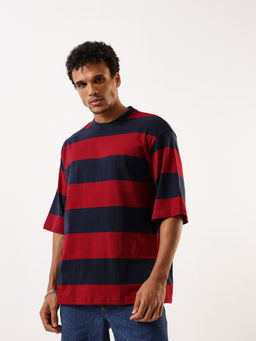 High Star - Men Red Stripes Oversized Fit Crew Neck T-Shirt