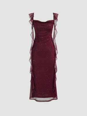 Cider Cowl Neck Solid Glitter Ruffle Hem Maxi Dress