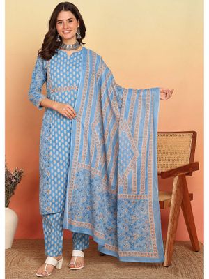 Sky Blue Floral Printed Cotton Straight Kurta, Trousers With Dupatta Set