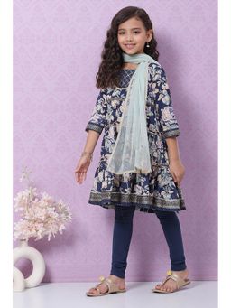 Biba - Blue Floral Printed Kurta (set Of 3)