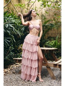 IT GIRL - Women Cotton Pink Self Design Top with Skirt