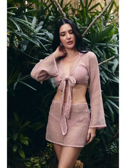 IT GIRL - Women Net Peach Solid Top with Skirt