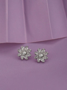 Carlton London - Premium Rhodium Plated with CZ Floral Stud Earring