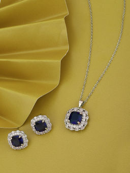 Carlton London - Premium Saphire Blue with Rhodium Plated CZ Necklace and Earring