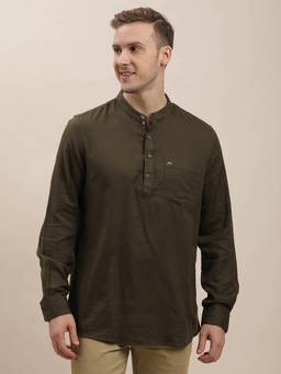 Turtle - Cotton Olive Solid Slim Fit Casual Short Kurta