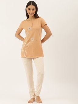 Sweet Dreams - Women Printed Light Brown Regular Pyjama and T-Shirt (Set of 2)
