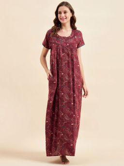 Sweet Dreams - Women Printed Maroon Long Length Nighty