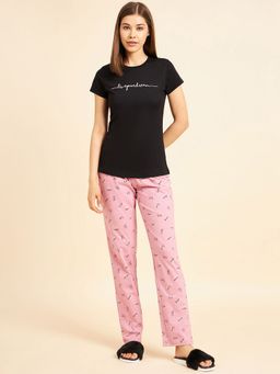 Sweet Dreams - Women Written Print Black Regular Pyjama and T-Shirt (Set of 2)