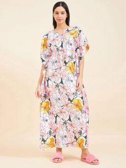 Sweet Dreams - Women Floral Print White Long Length Kaftan