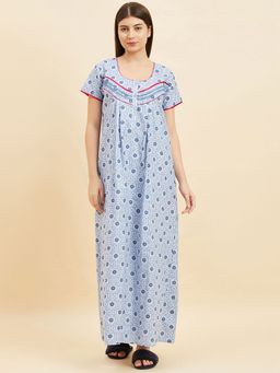 Sweet Dreams - Women Floral Print Blue Long Length Nighty