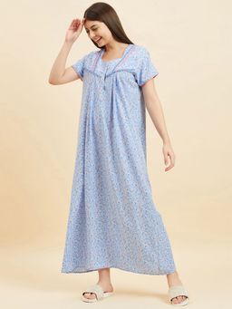 Sweet Dreams - Women Floral Print Sky Blue Long Length Nighty
