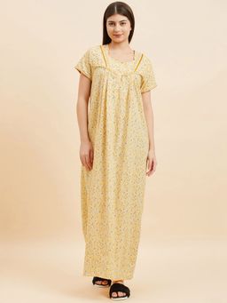 Sweet Dreams - Women Floral Print Yellow Long Length Nighty