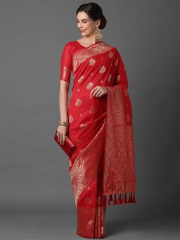 Odette - Red Festive Silk Blend Woven Design Saree with Unstitched Blouse