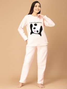 Sweet Dreams - Women Applique Round Neckpolar Fleece Winter Nightsuit Pink (Set of 2)