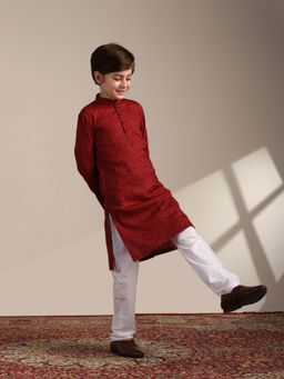 Manyavar - Maroon Cotton Printed Mandarin Collar Traditional Kurta Pyjama (Set of 2)