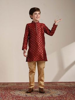 Manyavar - Maroon Art Silk Woven Mandarin Collar Traditional Kurta Pyjama (Set of 2)