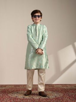 Manyavar - Green Brocade Woven Mandarin Collar Traditional Kurta Pyjama (Set of 2)