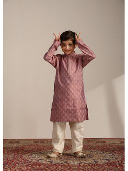 Manyavar - Pink Blended Viscose Woven Mandarin Collar Kurta Pyjama (Set of 2)