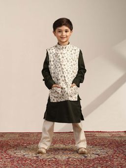 Manyavar - Cream Cotton Printed Mandarin Collar Kurta Jacket Pyjama (Set of 3)