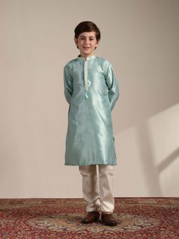 Manyavar - Blue Art Silk Woven Mandarin Collar Traditional Kurta Pyjama (Set of 2)
