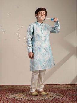 Manyavar - Blue Blended Cotton Printed Mandarin Collar Kurta Pyjama (Set of 2)