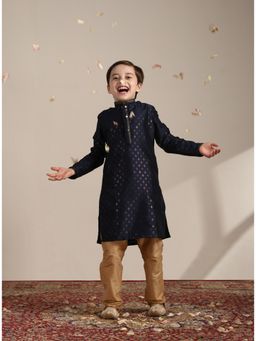 Manyavar - Blue Art Silk Woven Mandarin Collar Traditional Kurta Pyjama (Set of 2)