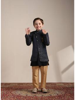 Manyavar - Blue Brocade Self Design Mandarin Collar Indo Western Pyjama (Set of 3)