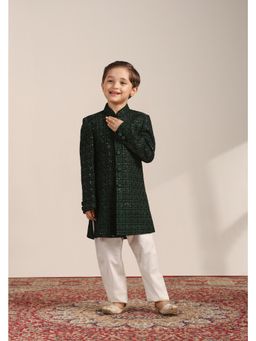 Manyavar - Green Embroidered Mandarin Collar Traditional Indo Western Pyjama (Set of 2)