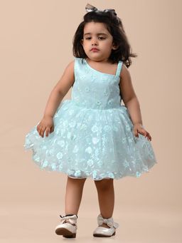 Titrit - One Side Shoulder Floral Rubber Print Net Party Frock Cyan