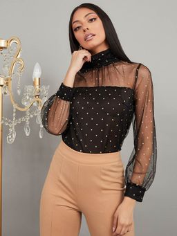 Styli - Black Embellished High Neck Mesh Long Sleeves Knit Top
