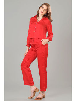 NEOFAA - Womens Solid Romantic Red Cropped Shirt Co-Ord (Set of 2)