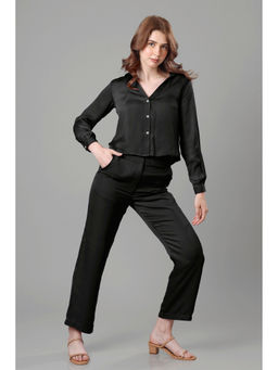 NEOFAA - Womens Solid Luxurious Black Cropped Shirt Co-Ord (Set of 2)