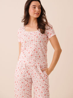 La Vie En Rose - Hibiscus Print Lace Trim Pointelle T-Shirt