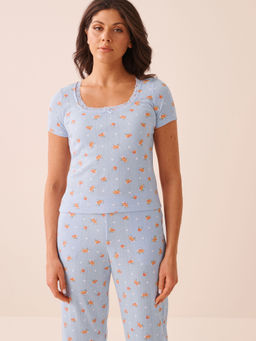 La Vie En Rose - Peach Print Lace Trim Pointelle T-Shirt Blue