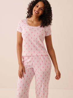 La Vie En Rose - Lobster Print Lace Trim Pointelle T-Shirt