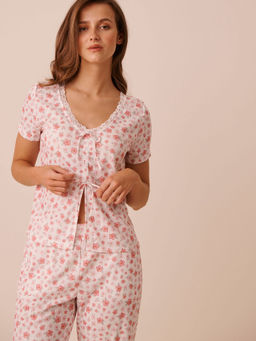 La Vie En Rose - Hibiscus Print Lace Trim Pointelle Tie-Front T-Shirt