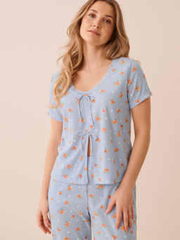La Vie En Rose - Peach Print Lace Trim Pointelle Tie-Front T-Shirt