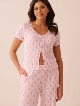 La Vie En Rose - Lobster Print Lace Trim Pointelle Tie-Front T-Shirt
