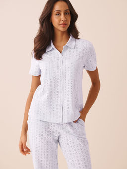 La Vie En Rose - Cotton Eyelet Button-Down Shirt Blue