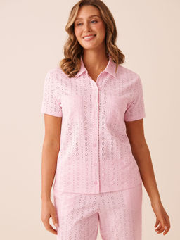 La Vie En Rose - Cotton Eyelet Button-Down Shirt Pink