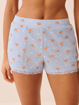 La Vie En Rose - Peach Print Lace Trim Pointelle Shorts Blue