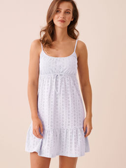 La Vie En Rose - Cotton Eyelet Tiered Nightdress Blue