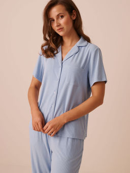 La Vie En Rose - Ribbed Modal Button-Down Shirt Blue